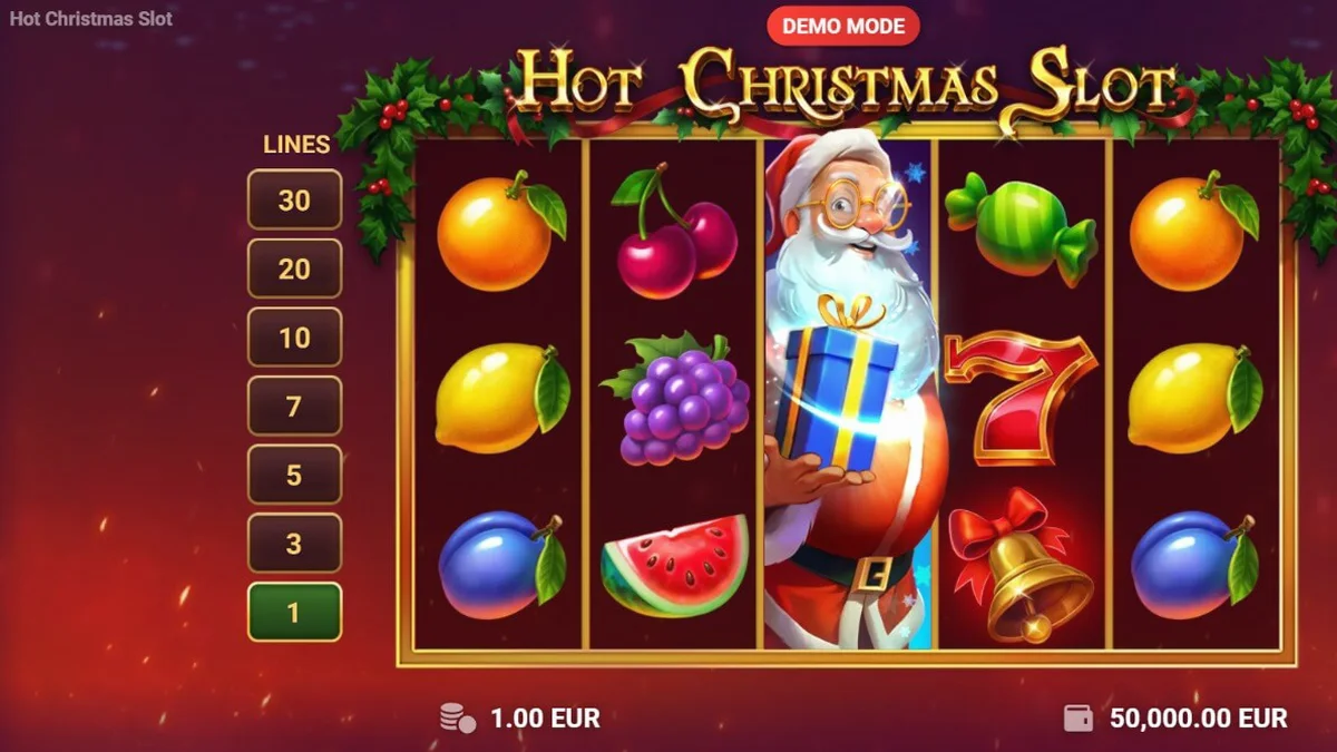 Tampilan antarmuka Hot Christmas Slot dengan nuansa merah meriah